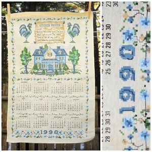 VTG 1990 Kitchen Prayer Calendar Towel Blue House in Faux Cross Stitch Design